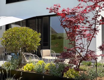 A contemporary garden for a modern home, created by Plantations Weisen in Luxembourg.