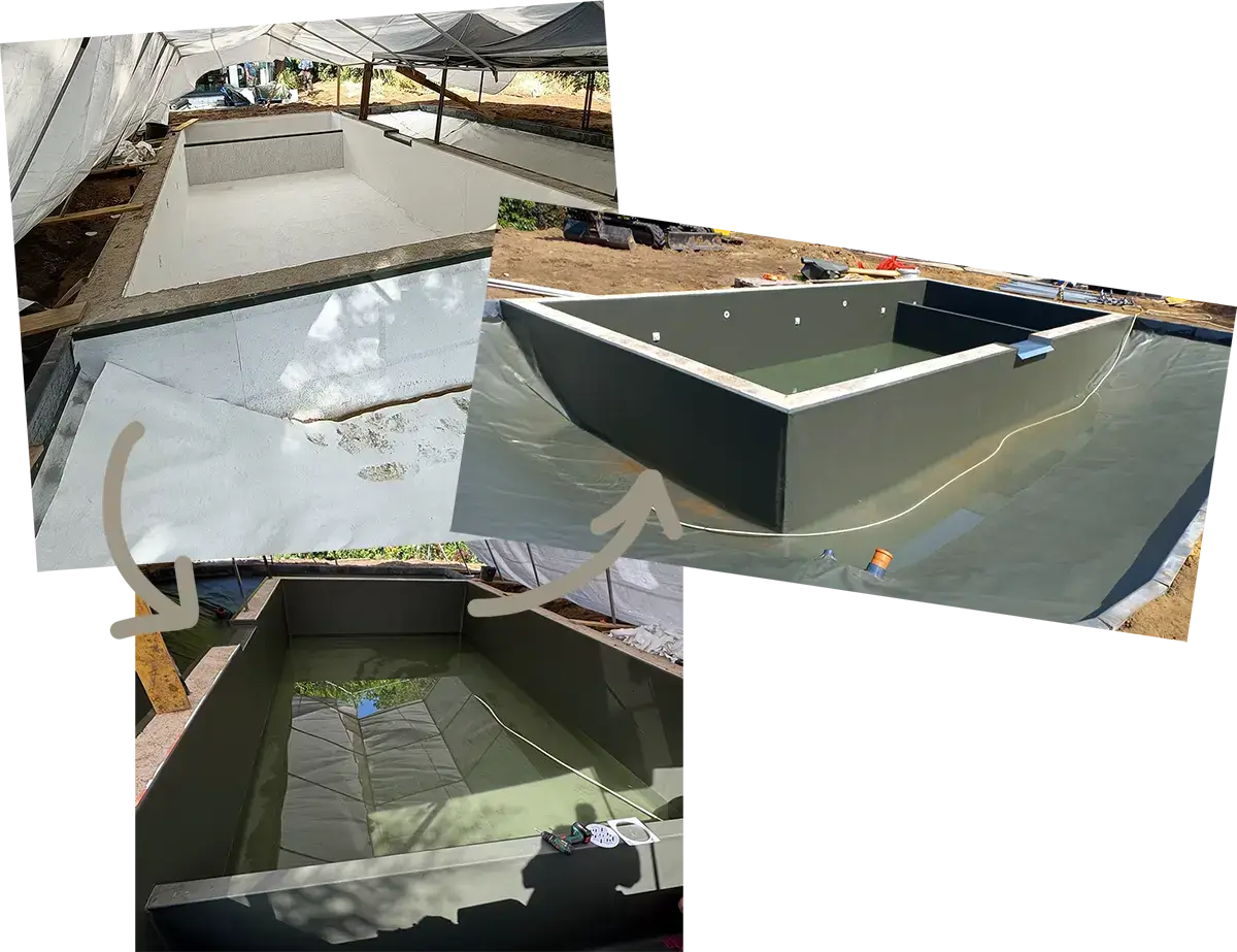 Eine olivgrüne Folie für diesen umweltfreundlichen Schwimmteich.