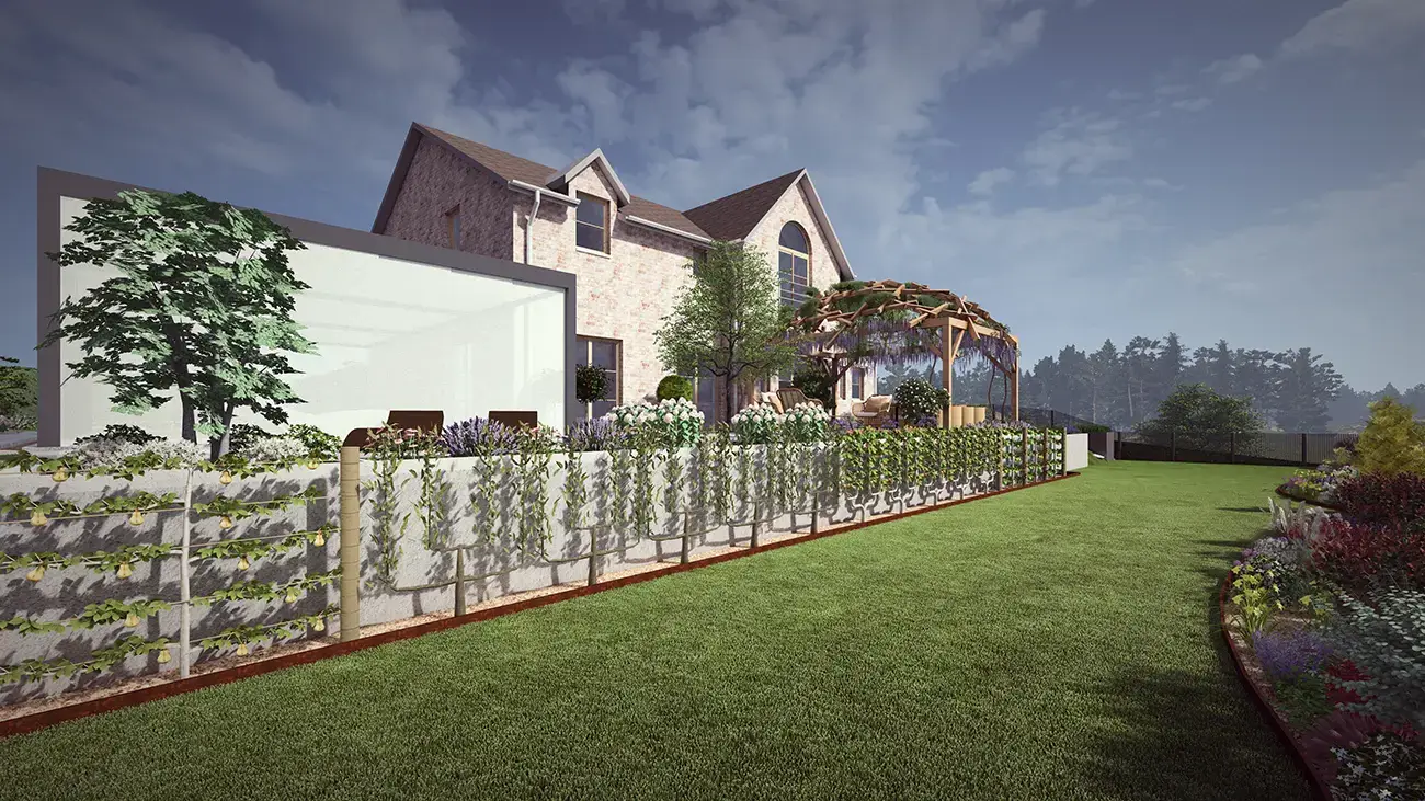A view of the retaining wall adorned with a palisade of fruit bushes, in a country garden in Luxembourg.