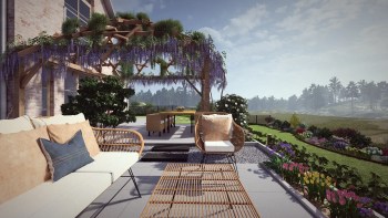 Das 3D-Modell eines ländlichen Gartens mit einer bionischen Pergola im Zentrum, von Plantations Weisen.