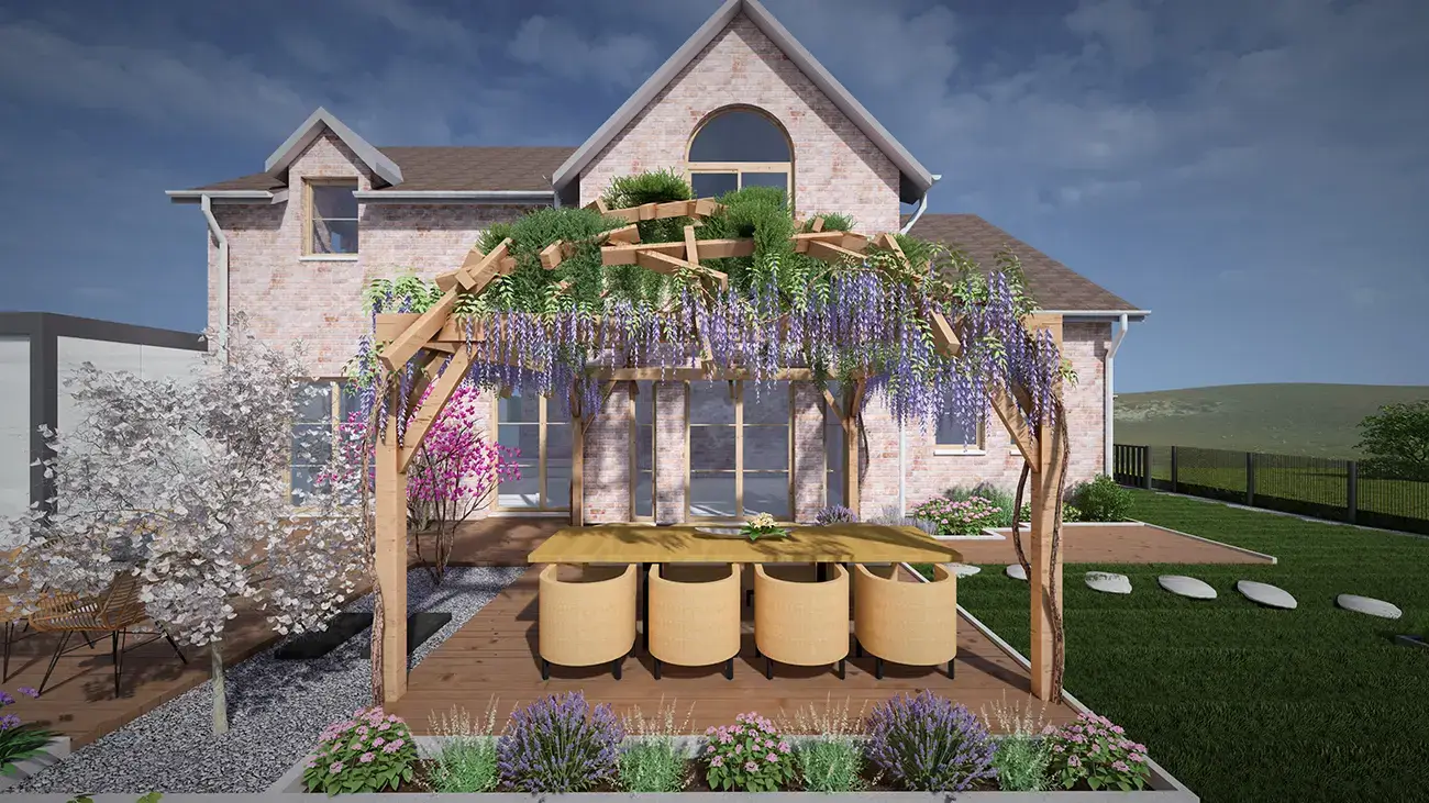 3D modeling of a bionic pergola with wisteria vines at the rear of a stone house.
