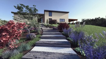 Modélisation 3D d'un aménagement d'escalier avec marches en pierre naturelle, par Plantations Weisen.